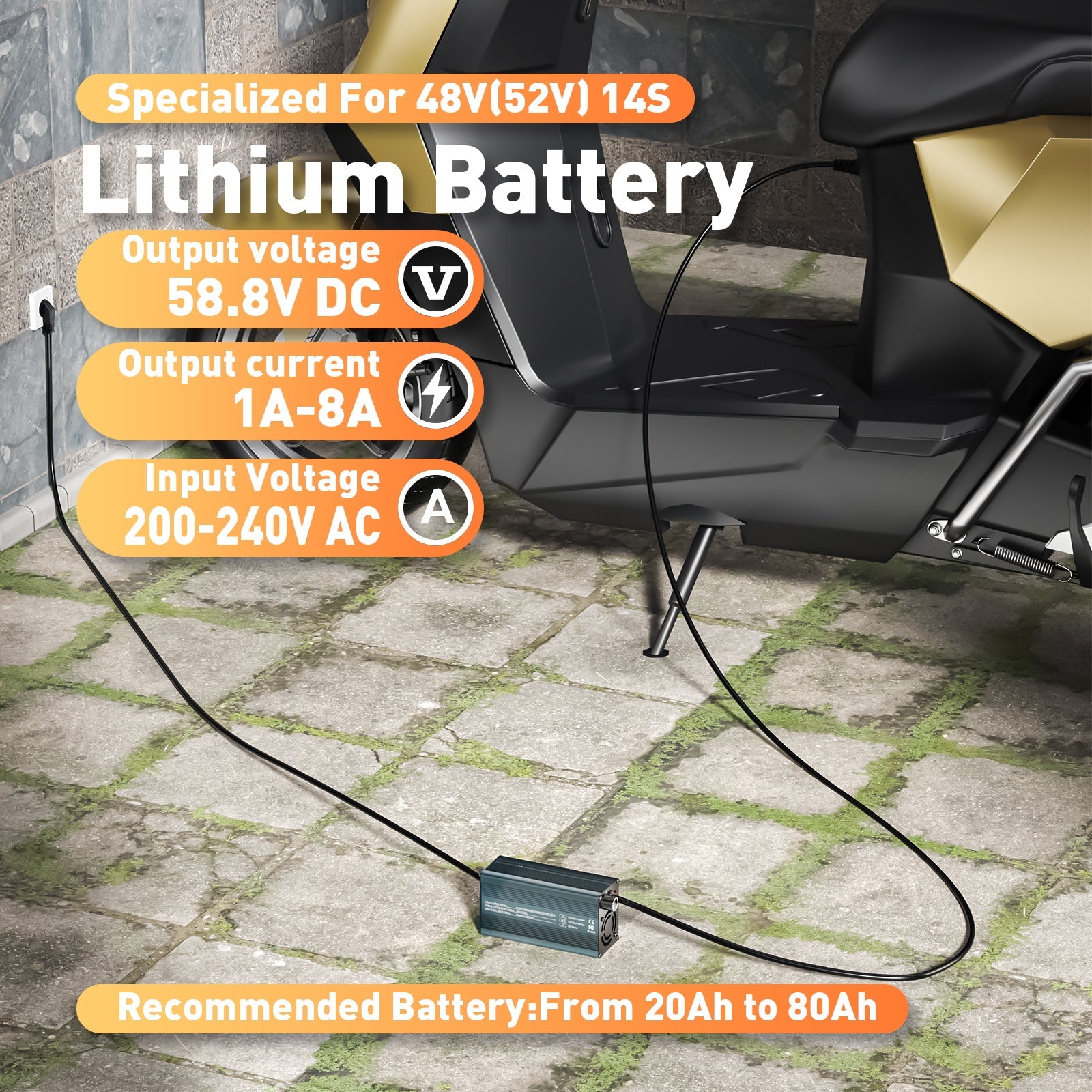 Suraziki 58.8V 1-8A current adjustable lithium battery charger for 14S 51.8V 52V Li-ion / ternary lithium / polymer battery, Ebike Scooter Battery Charger