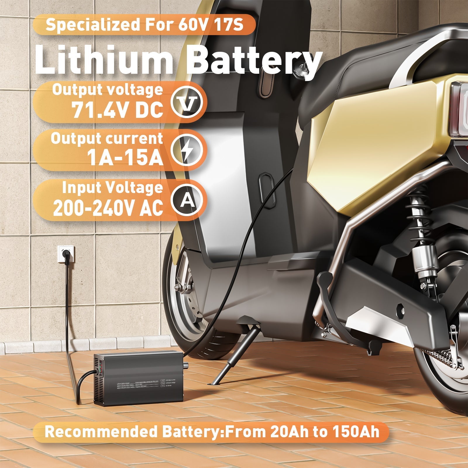 Suraziki 71,4 V 1-15 A Strom einstellbares Lithium-Batterieladegerät für 17S 62,9 V Li-Ionen-/ternäre Lithium-/Polymer-Batterien, E-Bike-Scooter-Batterieladegerät