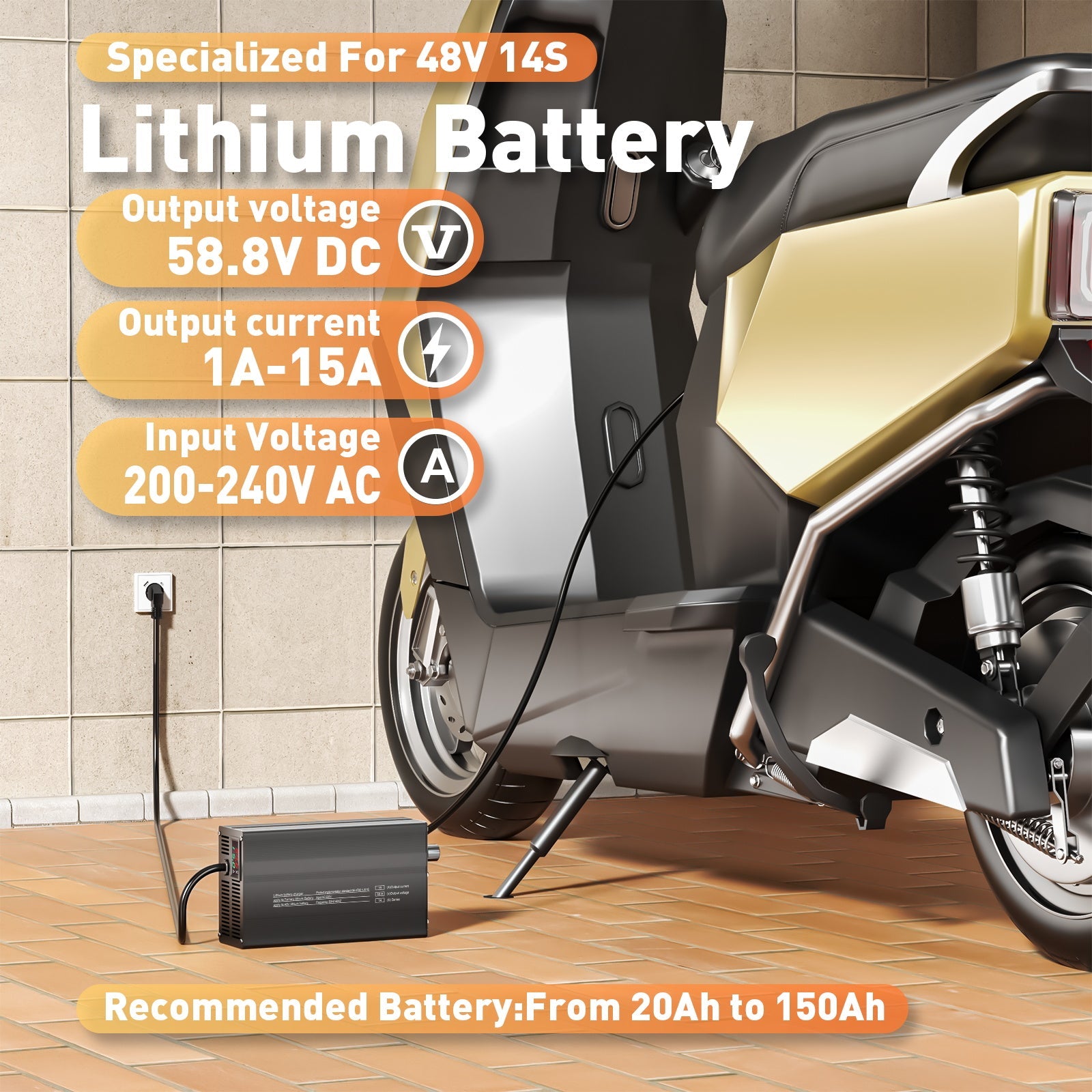 Suraziki 58.8V 1-15A Current Adjustable Lithium Battery Charger for 14S 51.8V Li-Ion/Ternary Lithium/Polymer Batteries, Ebike Scooter Battery Charger