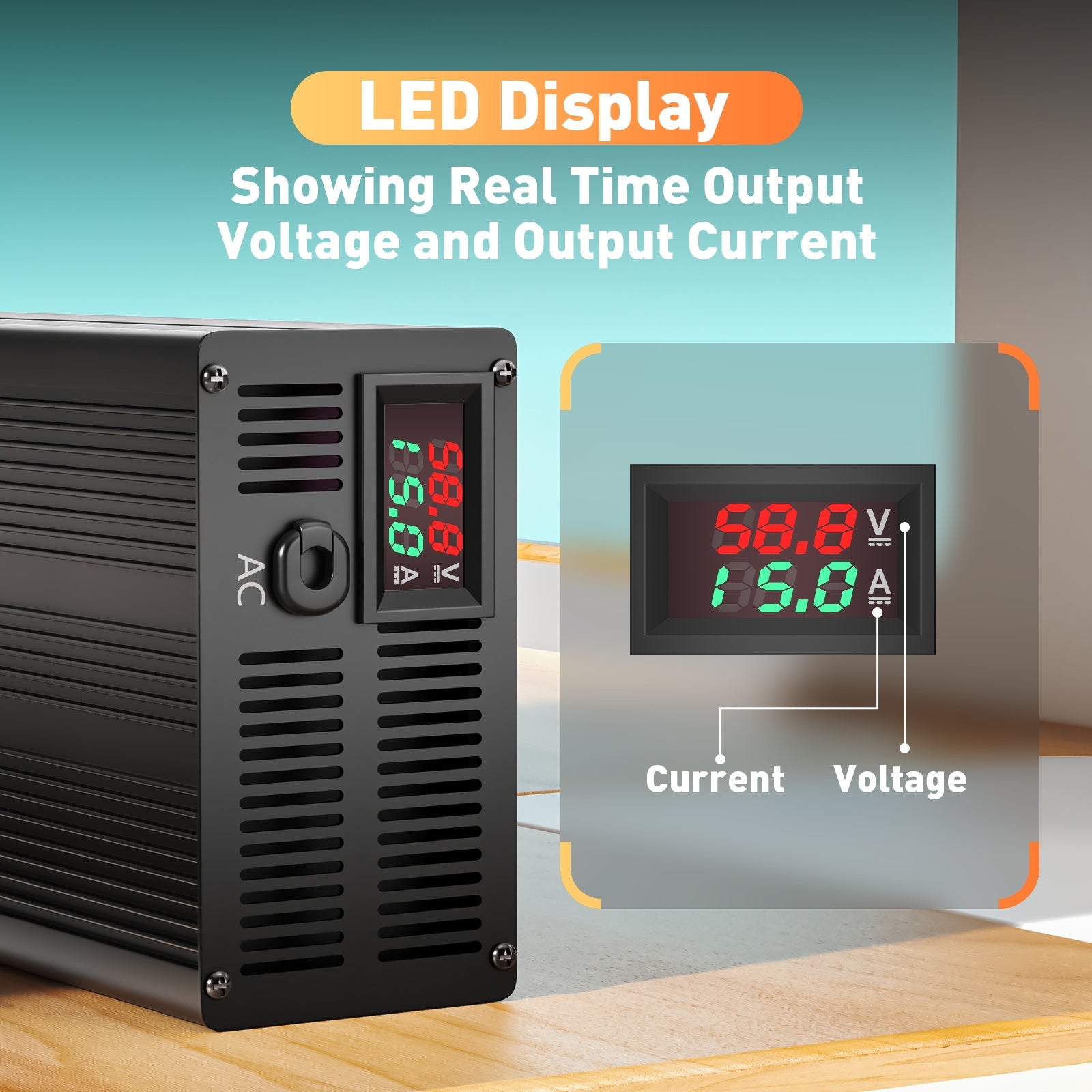 Suraziki 58.8V 1-15A Current Adjustable Lithium Battery Charger for 14S 51.8V Li-Ion/Ternary Lithium/Polymer Batteries, Ebike Scooter Battery Charger