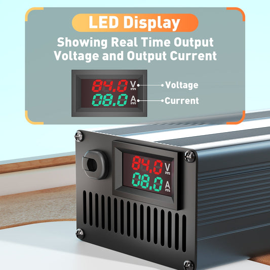 Suraziki 84V 1-8A stroom verstelbare lithium batterijlader voor 20S 74V 72V Li-ion / ternaire lithium / polymeer accu, Ebike Scooter elektrische motorfiets Acculader