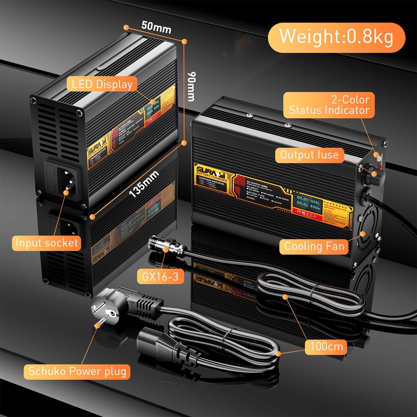 Suraziki Lithium-67,2 V 3 A-Batterieladegerät für 59,2 V 60 V Lithium-Ionen-Polymerbatterien, LED-Anzeige, vollständiger Schutz, Gehäuse aus Aluminiumlegierung