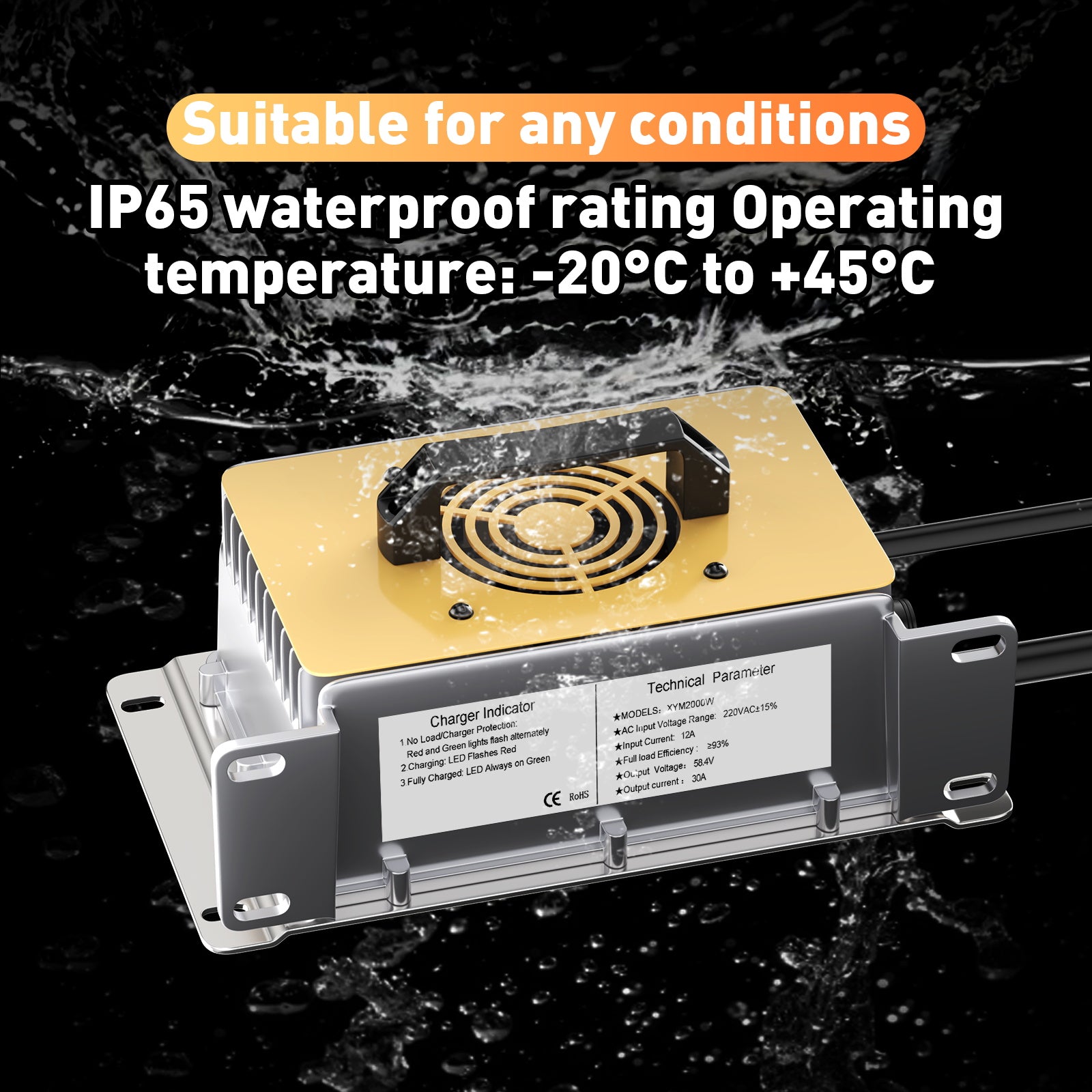 Novifevo 58.4V 30A LiFePO4 acculader voor 51.2V (48V) 16S Lithiumbatterijen, 0V-activering, 90% efficiëntie, volledige bescherming