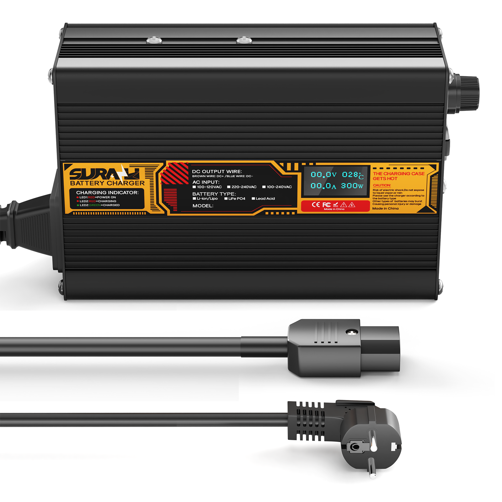 Suraziki Lithium-67,2 V 3 A-Batterieladegerät für 59,2 V 60 V Lithium-Ionen-Polymerbatterien, LED-Anzeige, vollständiger Schutz, Gehäuse aus Aluminiumlegierung