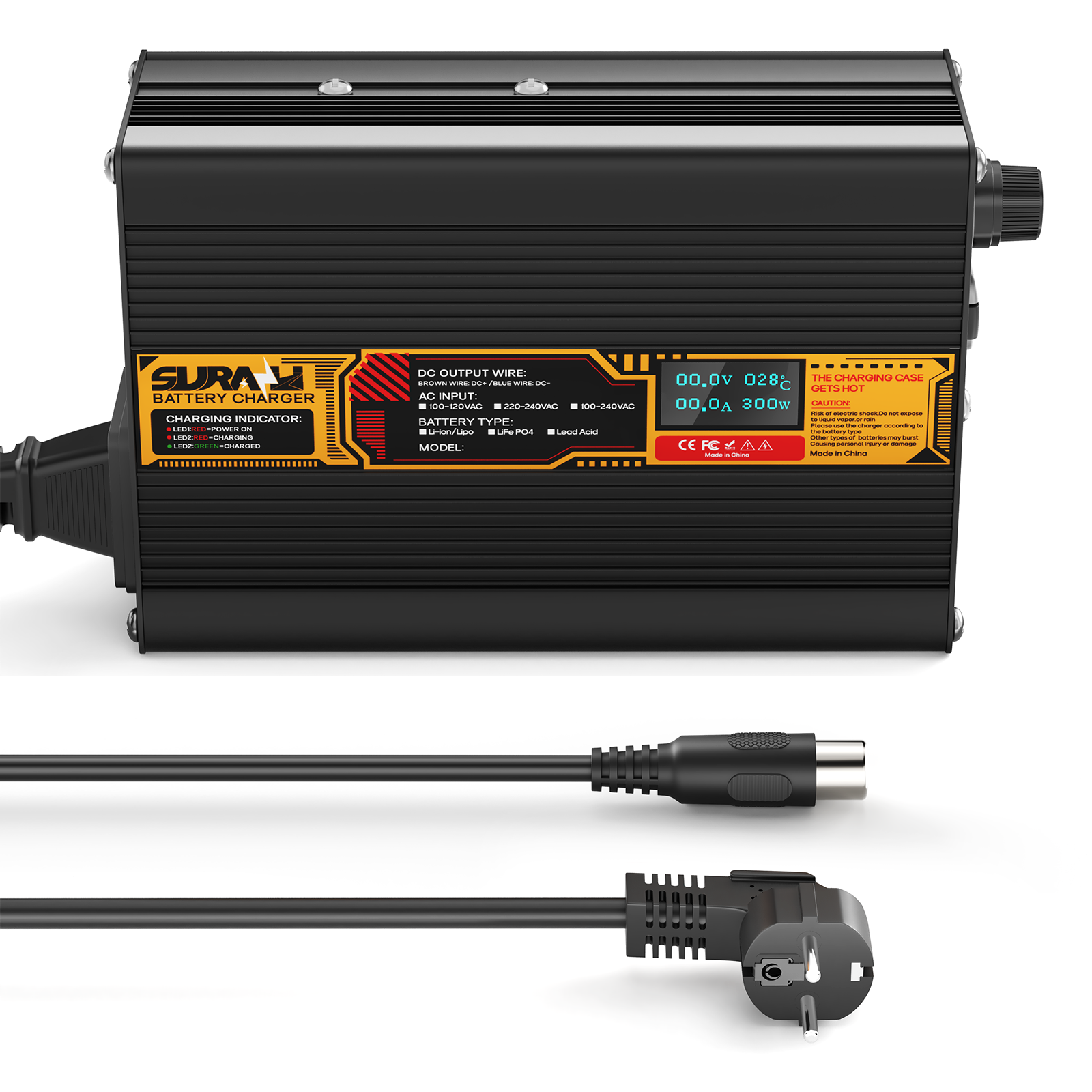 Suraziki Lithium-Akkuladegerät 75,6 V, 4 A, für 66,6 V Lithium-Ionen-Polymer-Akkus, LED-Anzeige, vollständiger Schutz, Gehäuse aus Aluminiumlegierung