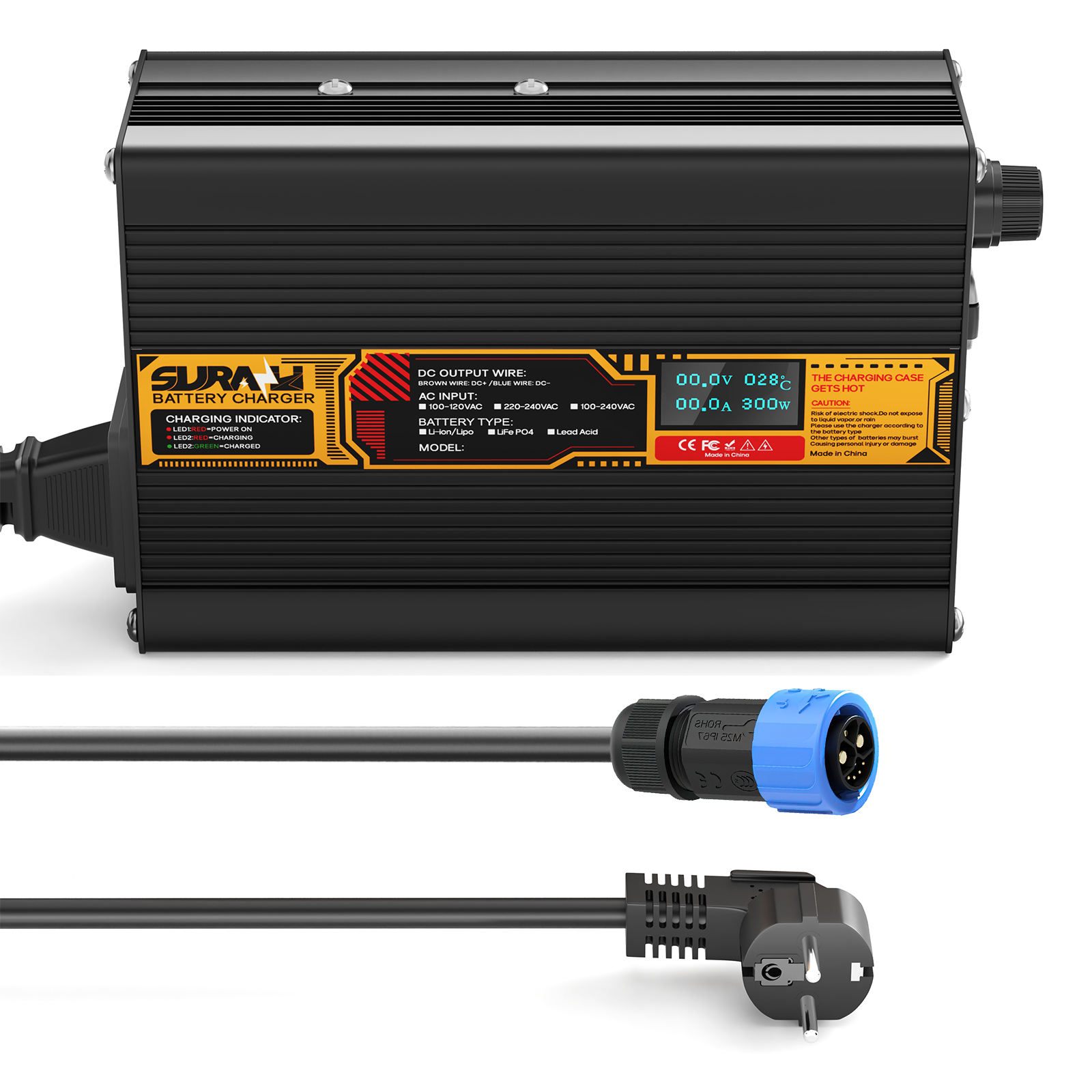 Suraziki Lithium-Akkuladegerät 75,6 V, 4 A, für 66,6 V Lithium-Ionen-Polymer-Akkus, LED-Anzeige, vollständiger Schutz, Gehäuse aus Aluminiumlegierung