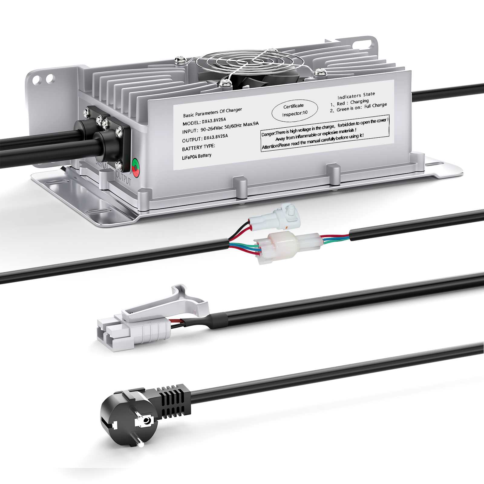 Suraziki 36V 25A Lithium Lifepo4 batterijlader, 43,8V laadspanning voor 36V (38,4V) 12S Batterij, waterdicht, 0V BMS-activering, met vergrendelingskabel voor elektrische voertuigen, e-bikes en golfkarretjes