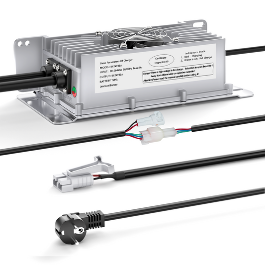 Suraziki 24V 30A loodacculader, IP65 waterdicht, met vergrendelingskabel voor palletwagen/vloerreiniger/golfkar/heftruck
