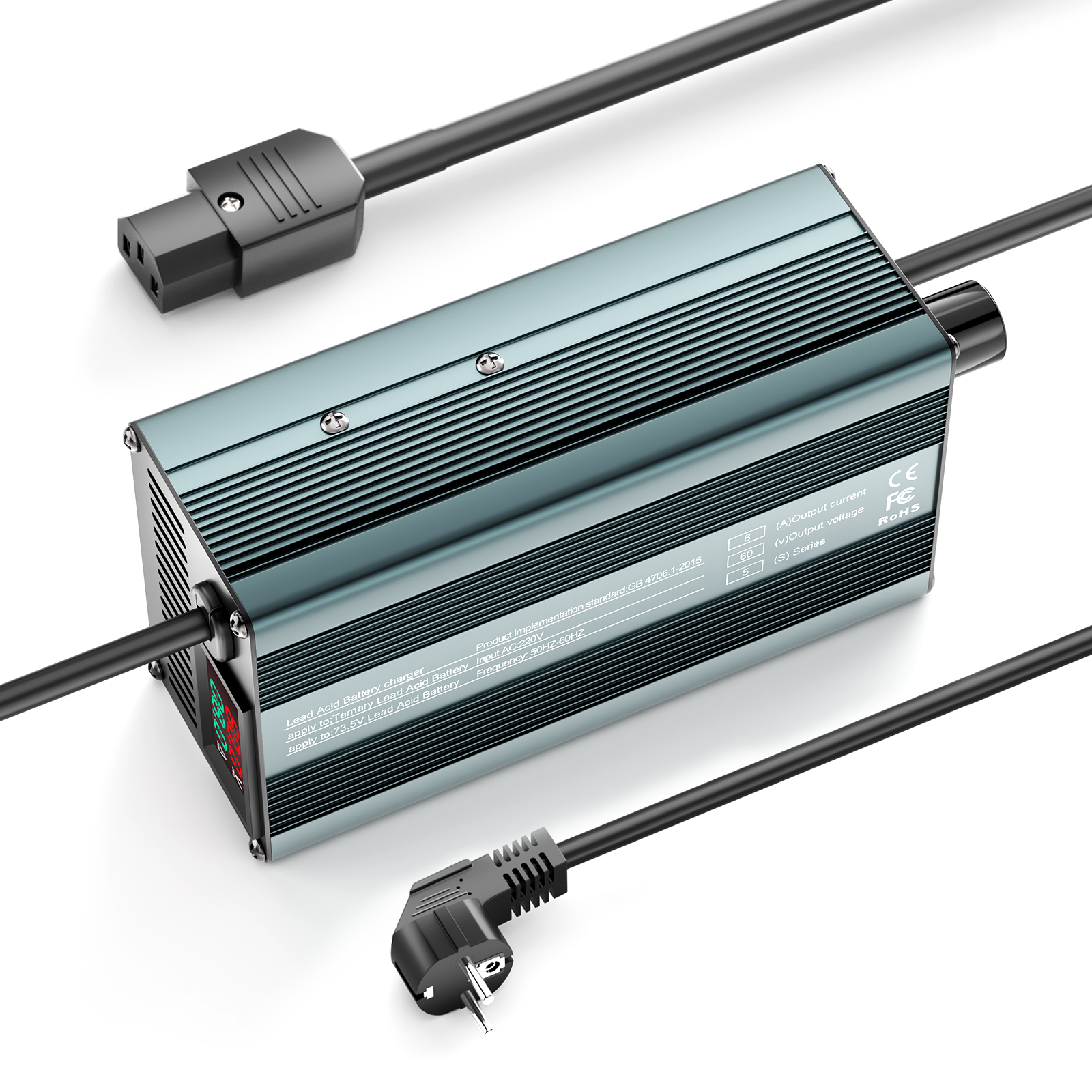 Suraziki 60 V 1–8 A Strom einstellbares Batterieladegerät, funktioniert mit allen Blei-Säure-Batterien (geflutet, versiegelt, AGM, Gel), LCD-Display, Kühlventilatoren, Gehäuse aus Aluminiumlegierung