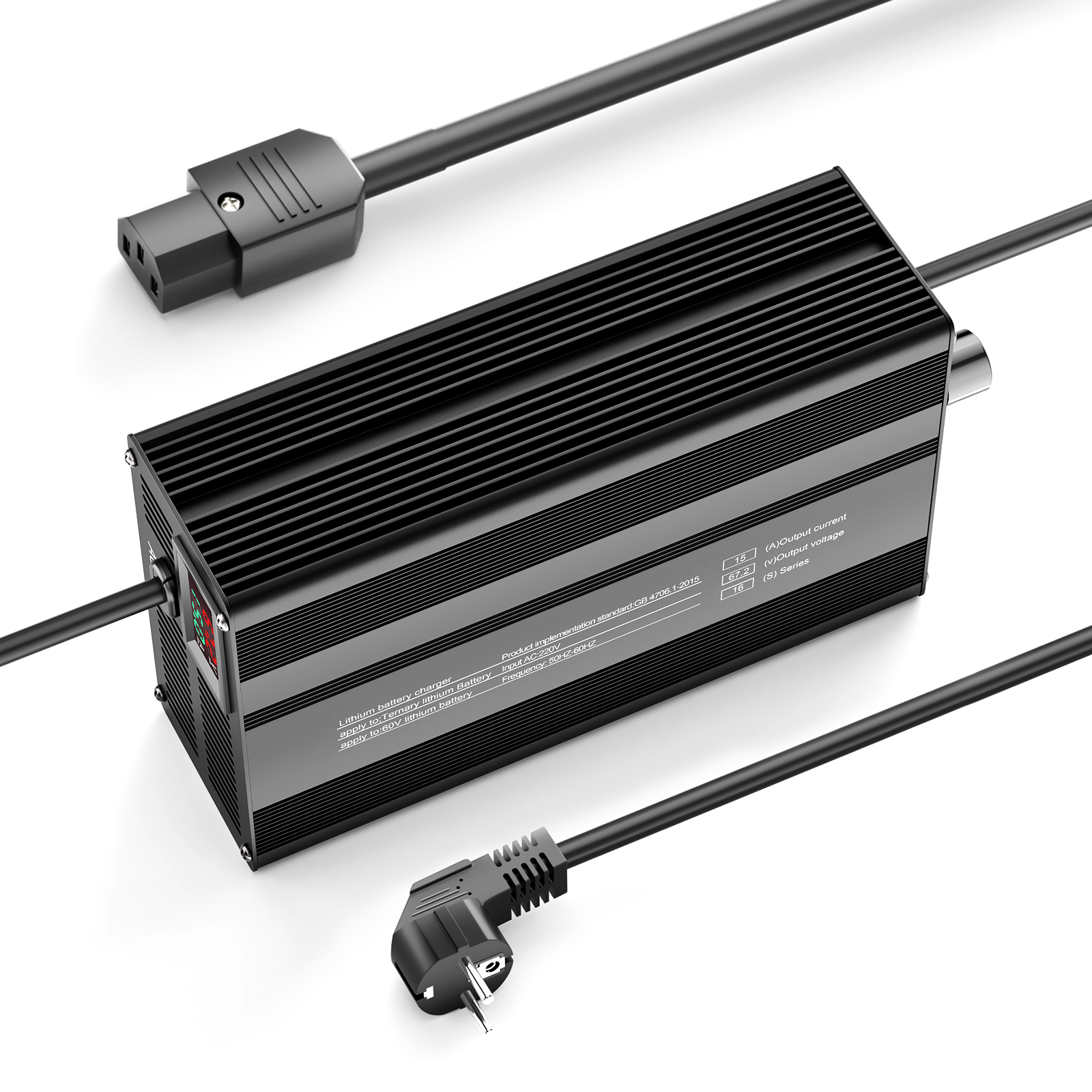 Suraziki 67,2 V 1-15 A Strom einstellbares Lithium-Batterieladegerät für 16S 59,2 V Li-Ionen-/ternäre Lithium-/Polymer-Batterien, E-Bike-Scooter-Batterieladegerät