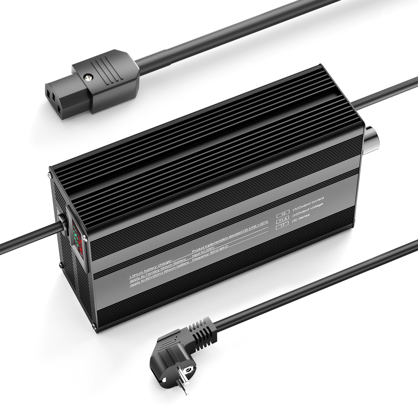 Suraziki 71,4 V 1-15 A Strom einstellbares Lithium-Batterieladegerät für 17S 62,9 V Li-Ionen-/ternäre Lithium-/Polymer-Batterien, E-Bike-Scooter-Batterieladegerät