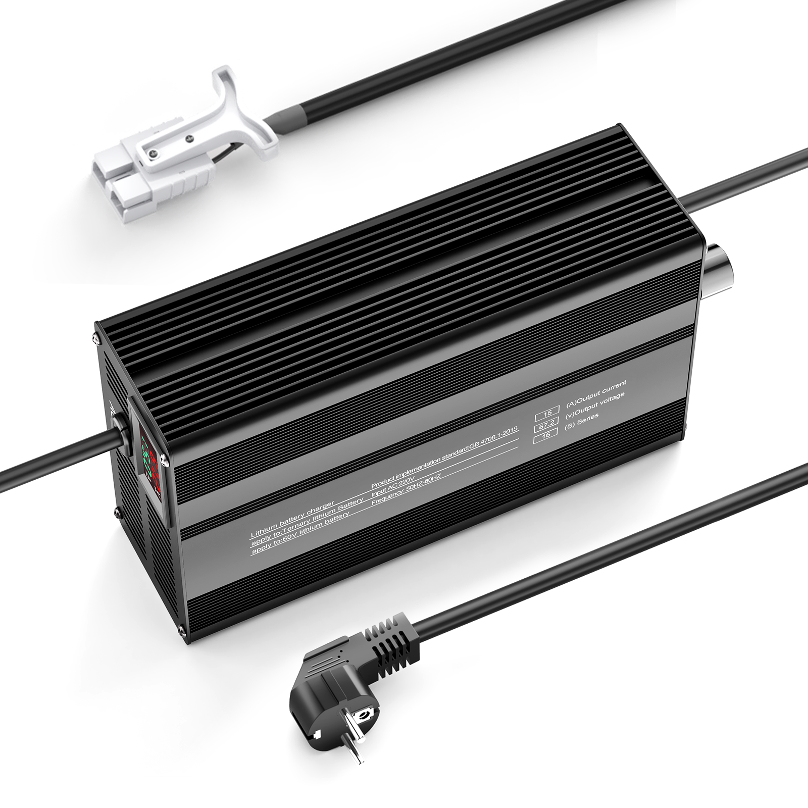 Suraziki 67,2 V 1-15 A Strom einstellbares Lithium-Batterieladegerät für 16S 59,2 V Li-Ionen-/ternäre Lithium-/Polymer-Batterien, E-Bike-Scooter-Batterieladegerät