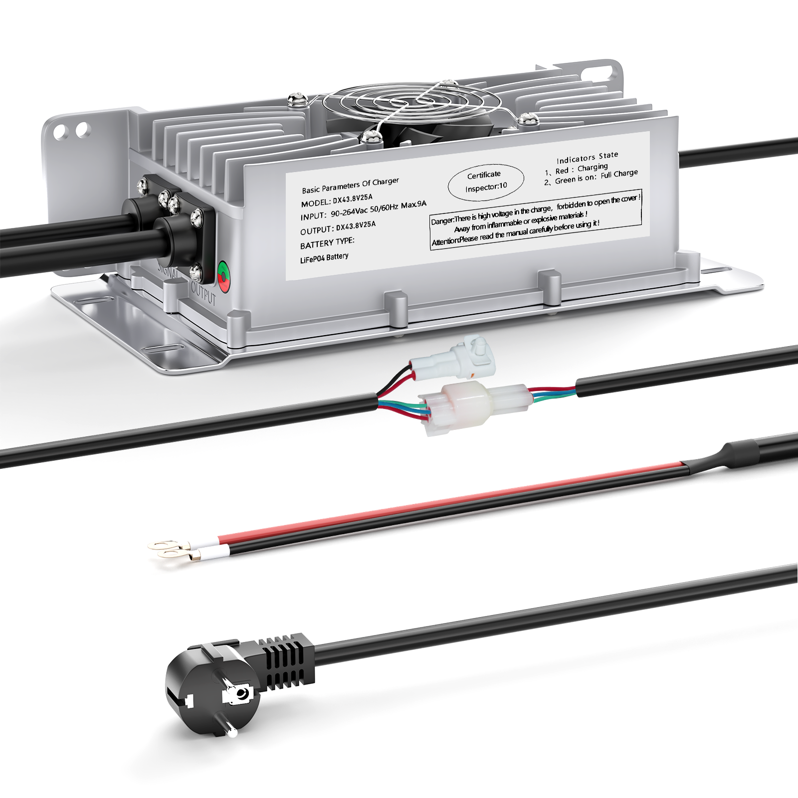 Suraziki 36V 25A Lithium Lifepo4 batterijlader, 43,8V laadspanning voor 36V (38,4V) 12S Batterij, waterdicht, 0V BMS-activering, met vergrendelingskabel voor elektrische voertuigen, e-bikes en golfkarretjes