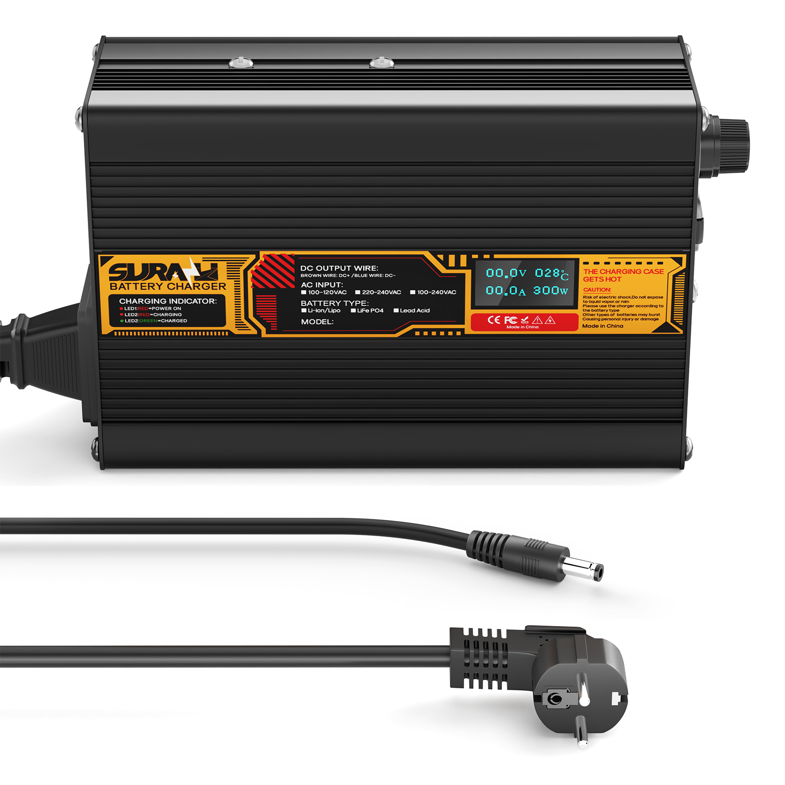 Suraziki Lithium-Akkuladegerät 75,6 V, 4 A, für 66,6 V Lithium-Ionen-Polymer-Akkus, LED-Anzeige, vollständiger Schutz, Gehäuse aus Aluminiumlegierung