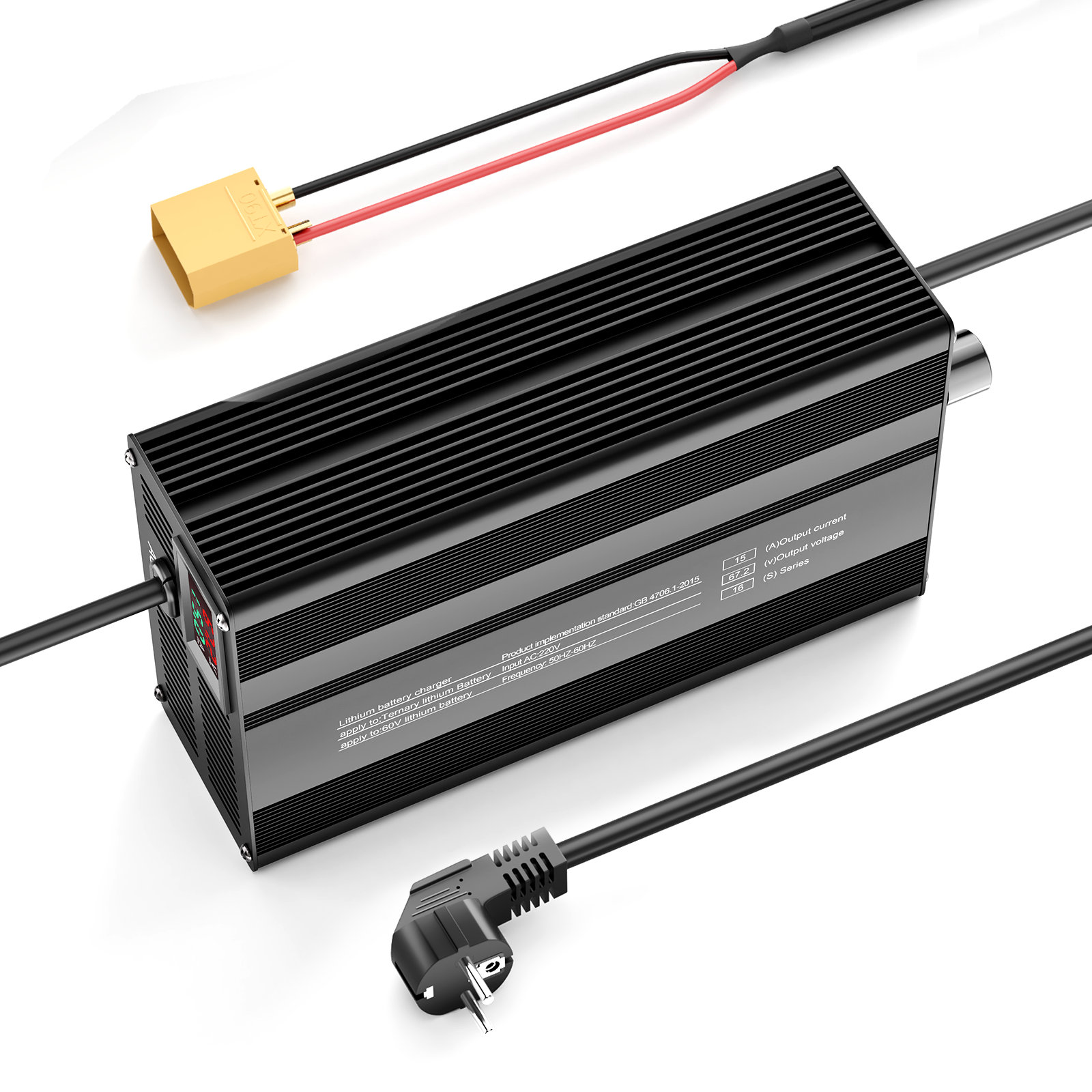 Suraziki 67,2 V 1-15 A Strom einstellbares Lithium-Batterieladegerät für 16S 59,2 V Li-Ionen-/ternäre Lithium-/Polymer-Batterien, E-Bike-Scooter-Batterieladegerät