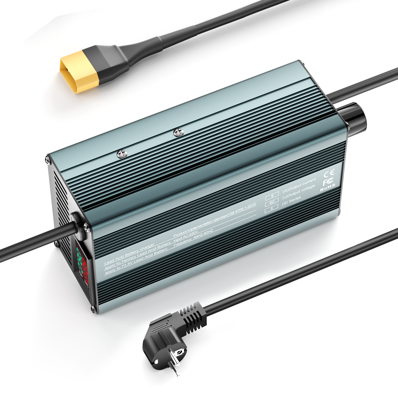 Suraziki 60 V 1–8 A Strom einstellbares Batterieladegerät, funktioniert mit allen Blei-Säure-Batterien (geflutet, versiegelt, AGM, Gel), LCD-Display, Kühlventilatoren, Gehäuse aus Aluminiumlegierung