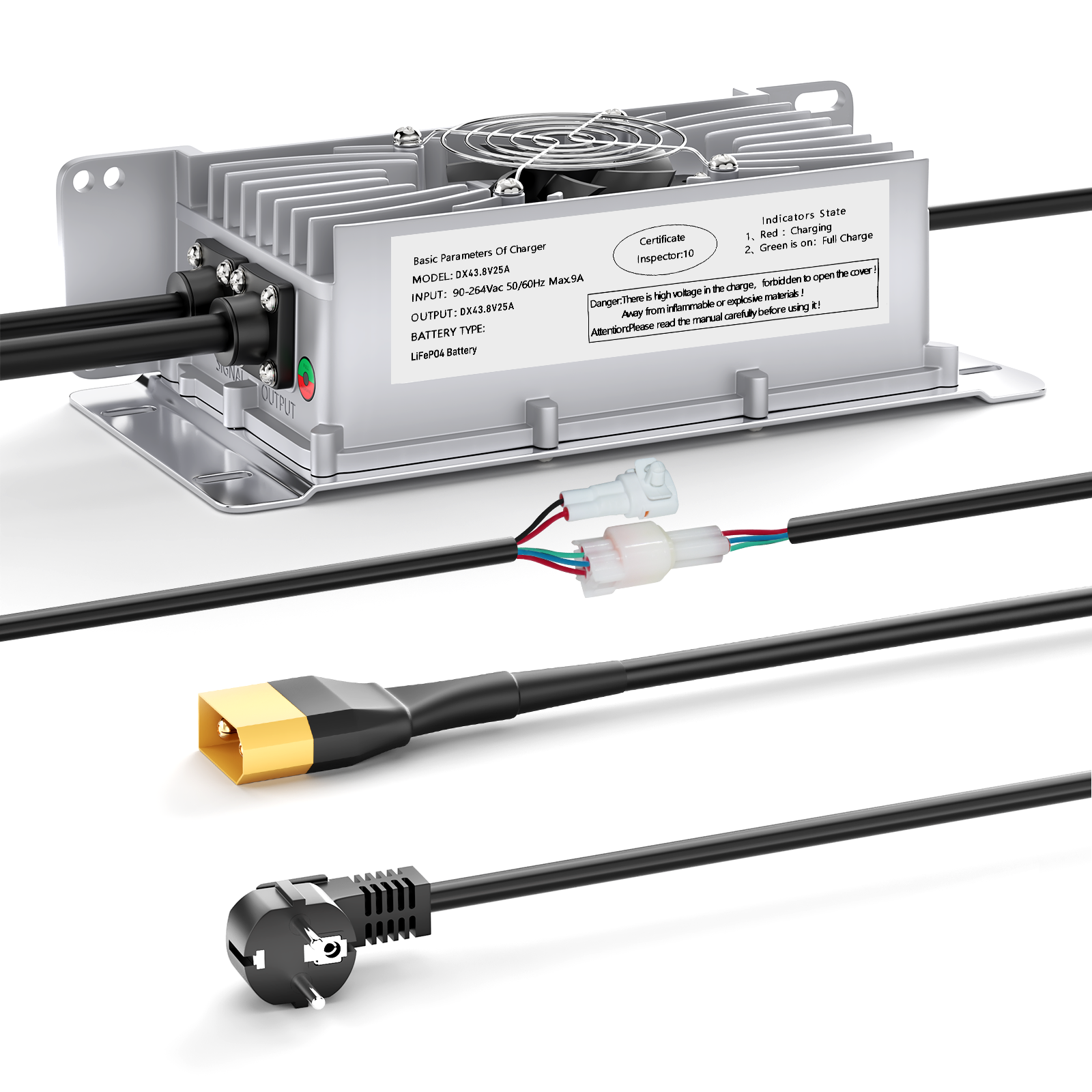 Suraziki 36V 25A Lithium Lifepo4 batterijlader, 43,8V laadspanning voor 36V (38,4V) 12S Batterij, waterdicht, 0V BMS-activering, met vergrendelingskabel voor elektrische voertuigen, e-bikes en golfkarretjes