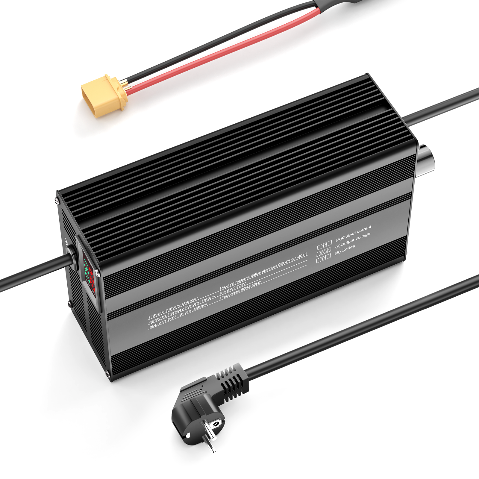 Suraziki 67,2 V 1-15 A Strom einstellbares Lithium-Batterieladegerät für 16S 59,2 V Li-Ionen-/ternäre Lithium-/Polymer-Batterien, E-Bike-Scooter-Batterieladegerät