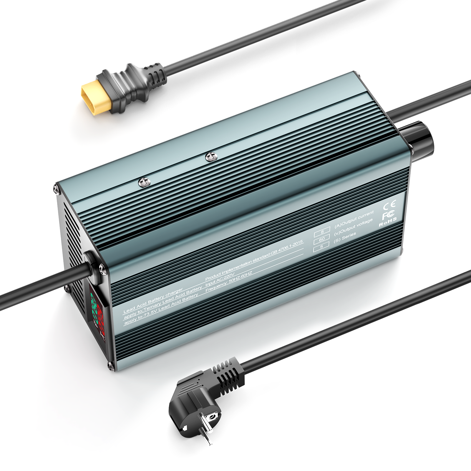 Suraziki 60 V 1–8 A Strom einstellbares Batterieladegerät, funktioniert mit allen Blei-Säure-Batterien (geflutet, versiegelt, AGM, Gel), LCD-Display, Kühlventilatoren, Gehäuse aus Aluminiumlegierung