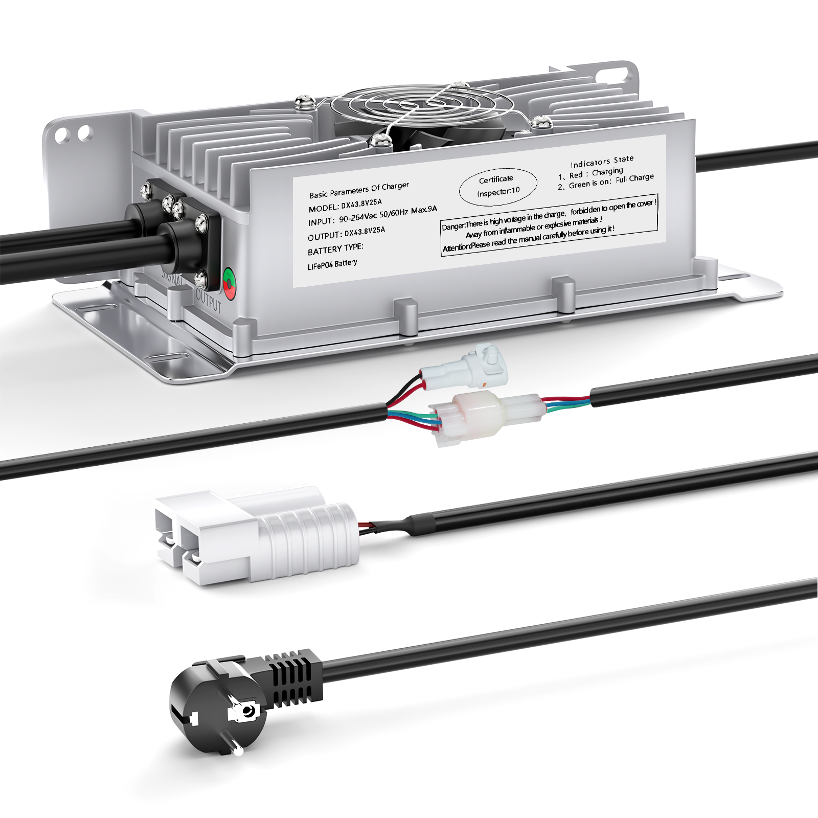 Suraziki 36V 25A Lithium Lifepo4 batterijlader, 43,8V laadspanning voor 36V (38,4V) 12S Batterij, waterdicht, 0V BMS-activering, met vergrendelingskabel voor elektrische voertuigen, e-bikes en golfkarretjes