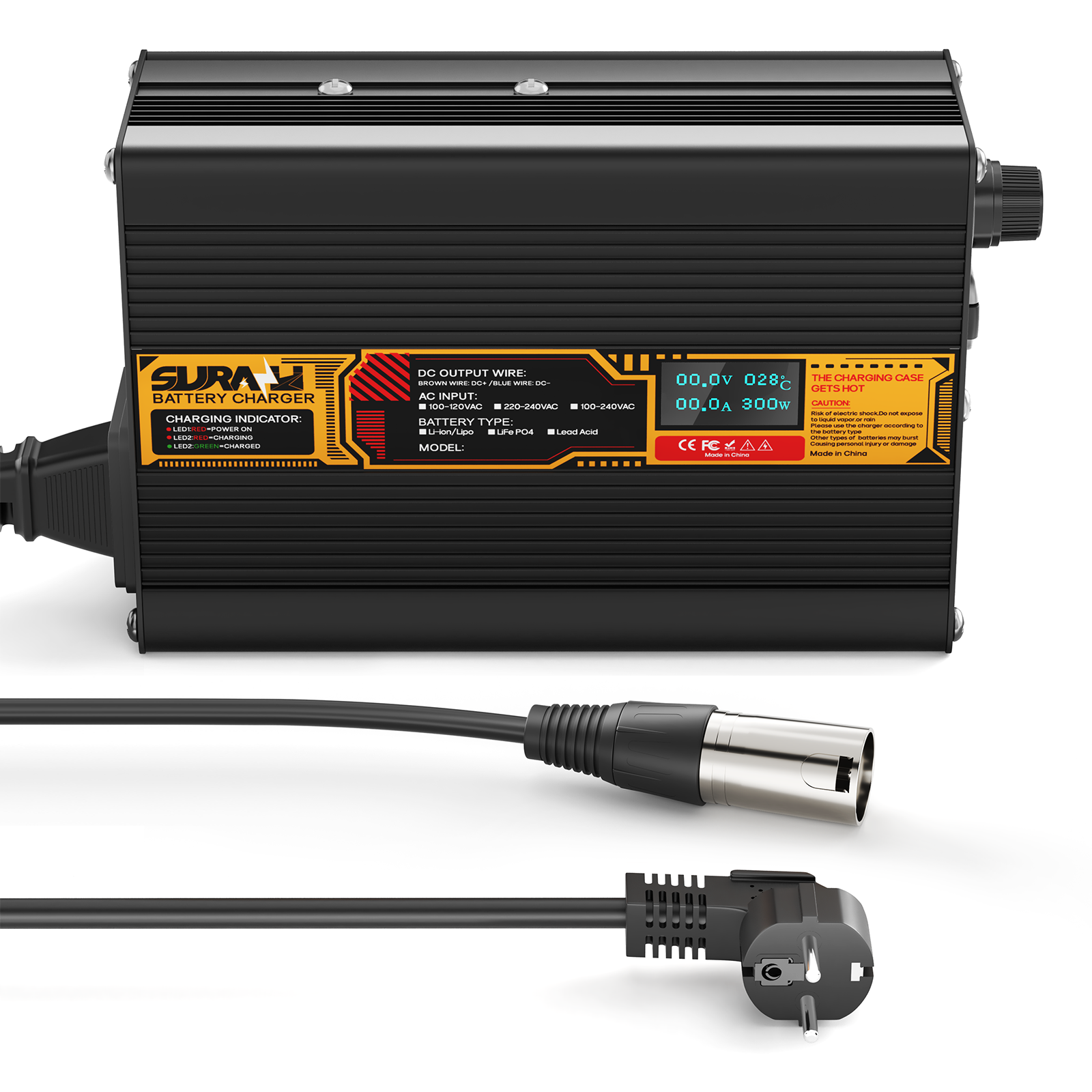 Suraziki Lithium-Akkuladegerät 75,6 V, 4 A, für 66,6 V Lithium-Ionen-Polymer-Akkus, LED-Anzeige, vollständiger Schutz, Gehäuse aus Aluminiumlegierung