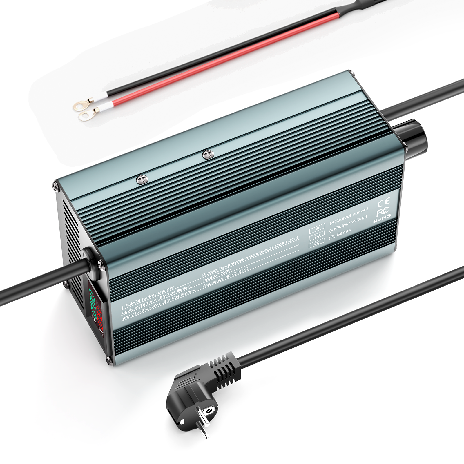 Suraziki 73 V 1–8 A stromverstellbares Lithium-LiFePO4-Batterieladegerät für 64 V (60 V) LiFePO4-Batterie, Golfwagen-Trolling-Motor, Wohnmobil-Boot-Batterieladegerät