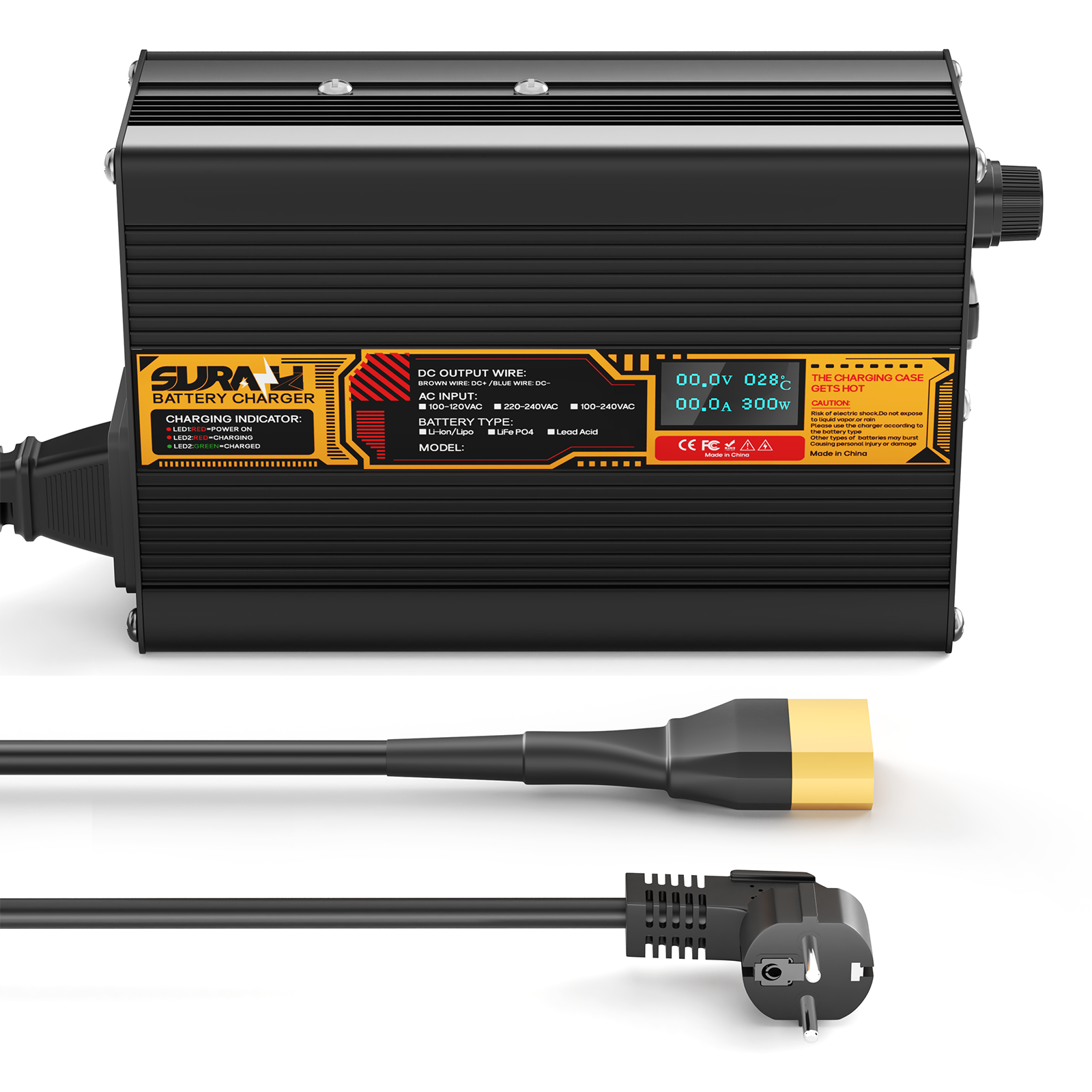 Suraziki Lithium-Akkuladegerät 75,6 V, 4 A, für 66,6 V Lithium-Ionen-Polymer-Akkus, LED-Anzeige, vollständiger Schutz, Gehäuse aus Aluminiumlegierung