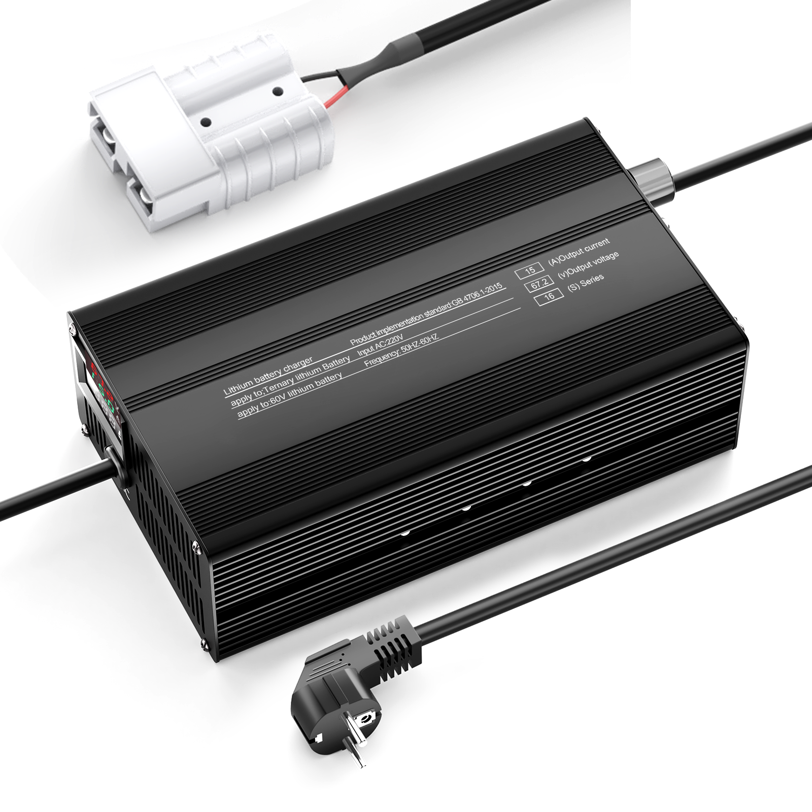 Suraziki 67,2 V 1-15 A Strom einstellbares Lithium-Batterieladegerät für 16S 59,2 V Li-Ionen-/ternäre Lithium-/Polymer-Batterien, E-Bike-Scooter-Batterieladegerät