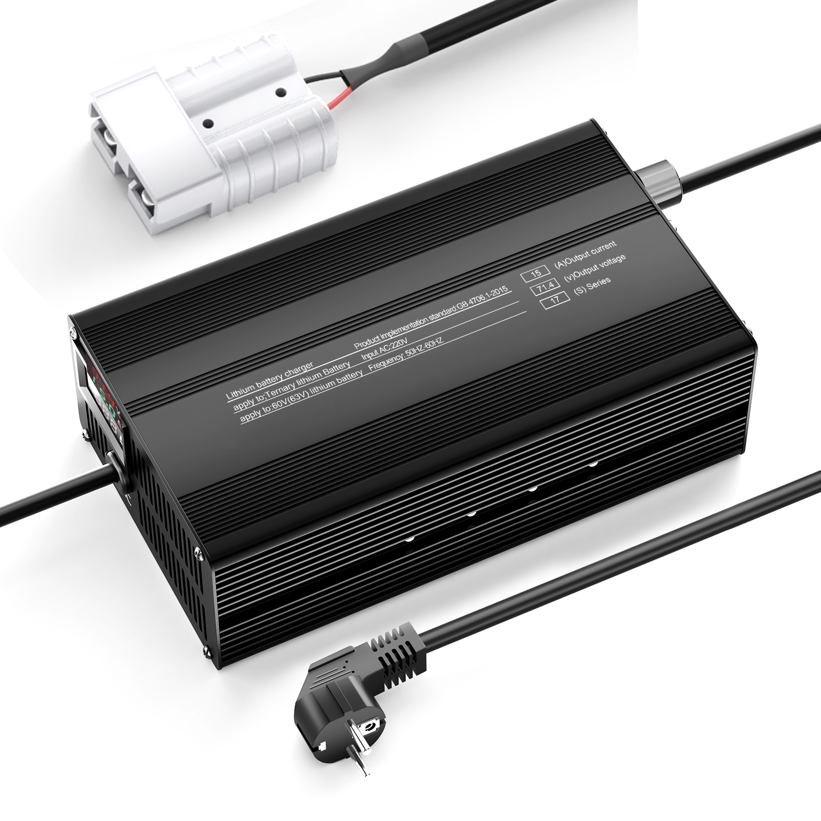 Suraziki 71,4 V 1-15 A Strom einstellbares Lithium-Batterieladegerät für 17S 62,9 V Li-Ionen-/ternäre Lithium-/Polymer-Batterien, E-Bike-Scooter-Batterieladegerät