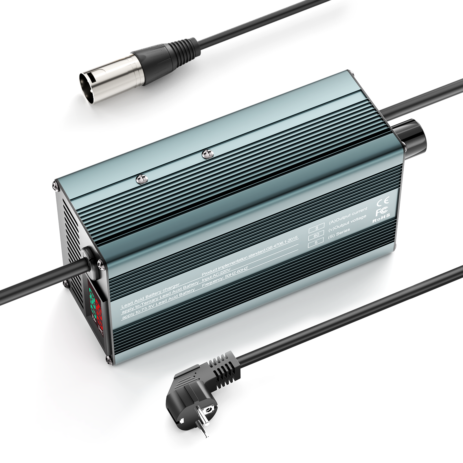 Suraziki 60 V 1–8 A Strom einstellbares Batterieladegerät, funktioniert mit allen Blei-Säure-Batterien (geflutet, versiegelt, AGM, Gel), LCD-Display, Kühlventilatoren, Gehäuse aus Aluminiumlegierung
