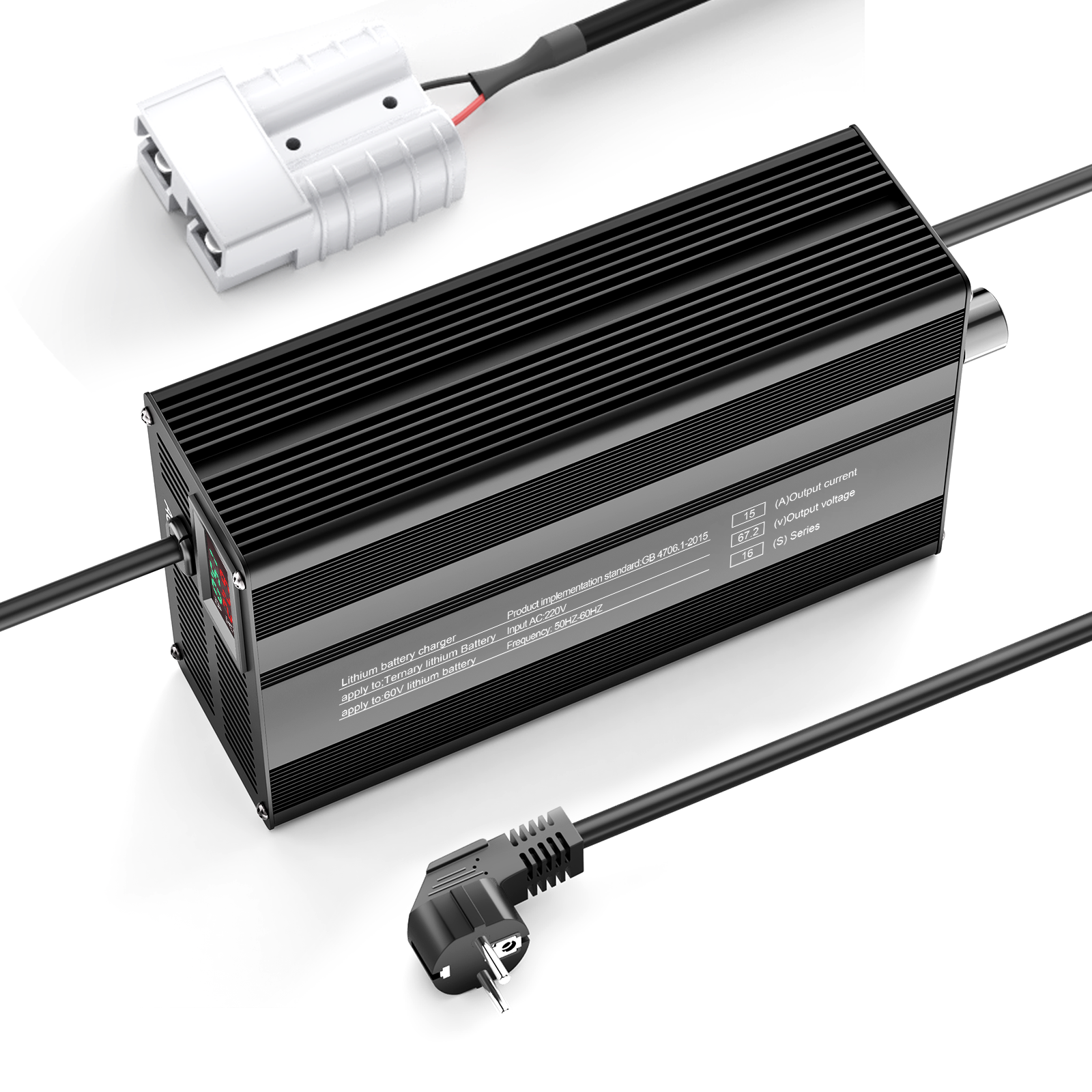 Suraziki 67,2 V 1-15 A Strom einstellbares Lithium-Batterieladegerät für 16S 59,2 V Li-Ionen-/ternäre Lithium-/Polymer-Batterien, E-Bike-Scooter-Batterieladegerät