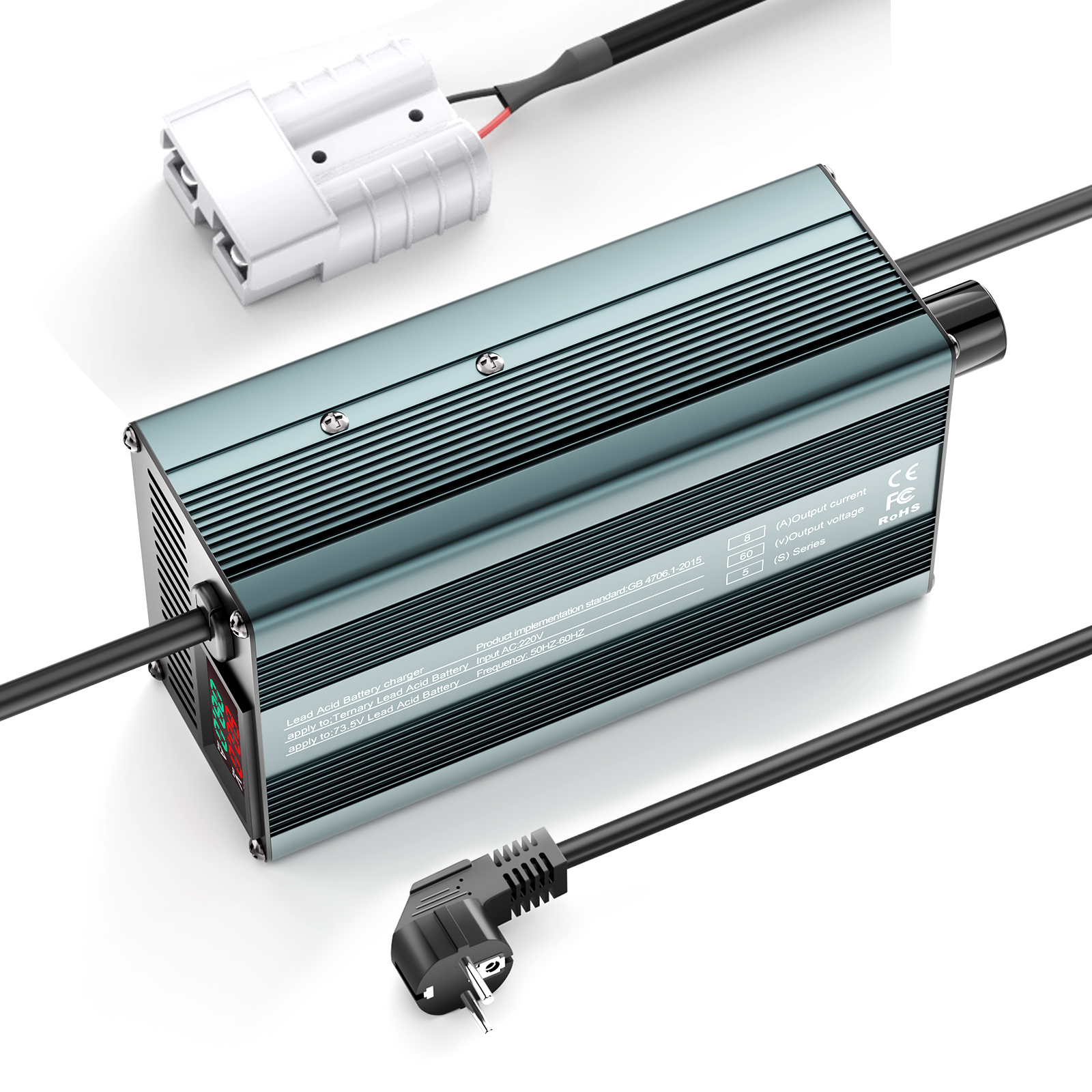 Suraziki 60 V 1–8 A Strom einstellbares Batterieladegerät, funktioniert mit allen Blei-Säure-Batterien (geflutet, versiegelt, AGM, Gel), LCD-Display, Kühlventilatoren, Gehäuse aus Aluminiumlegierung