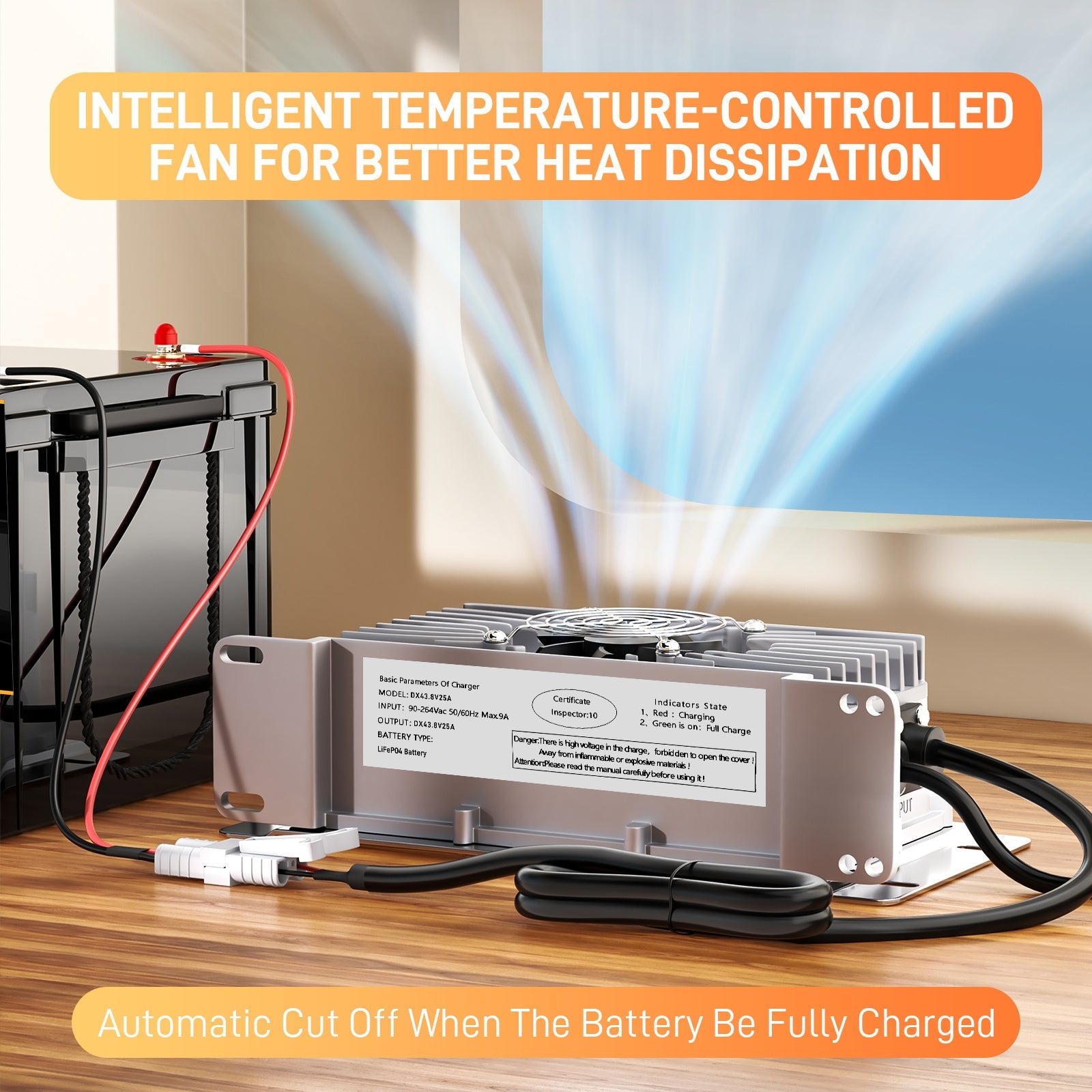 Suraziki 36V 25A Lithium Lifepo4 batterijlader, 43,8V laadspanning voor 36V (38,4V) 12S Batterij, waterdicht, 0V BMS-activering, met vergrendelingskabel voor elektrische voertuigen, e-bikes en golfkarretjes