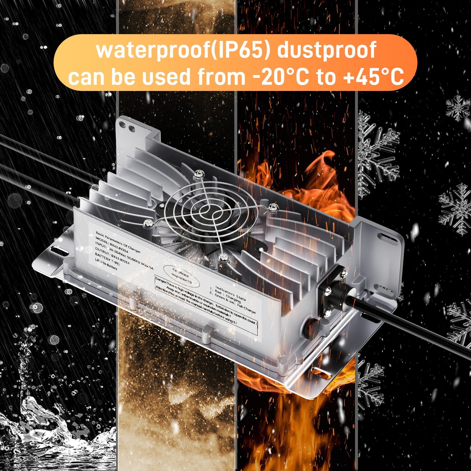 Suraziki 36V 25A Lithium Lifepo4 batterijlader, 43,8V laadspanning voor 36V (38,4V) 12S Batterij, waterdicht, 0V BMS-activering, met vergrendelingskabel voor elektrische voertuigen, e-bikes en golfkarretjes