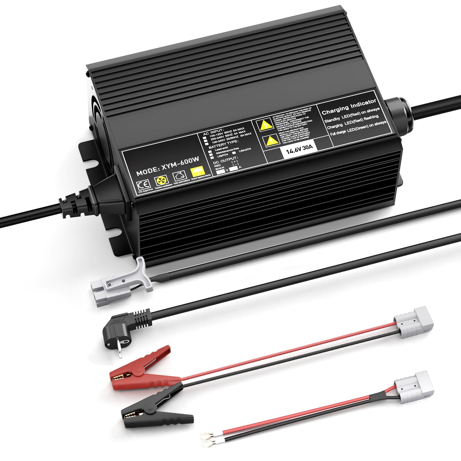 12V 30A LiFePO4-acculader, laadspanning 14,6V, 0V BMS-activering, automatisch uitschakelen, met Anderson 50A snellaadconnector
