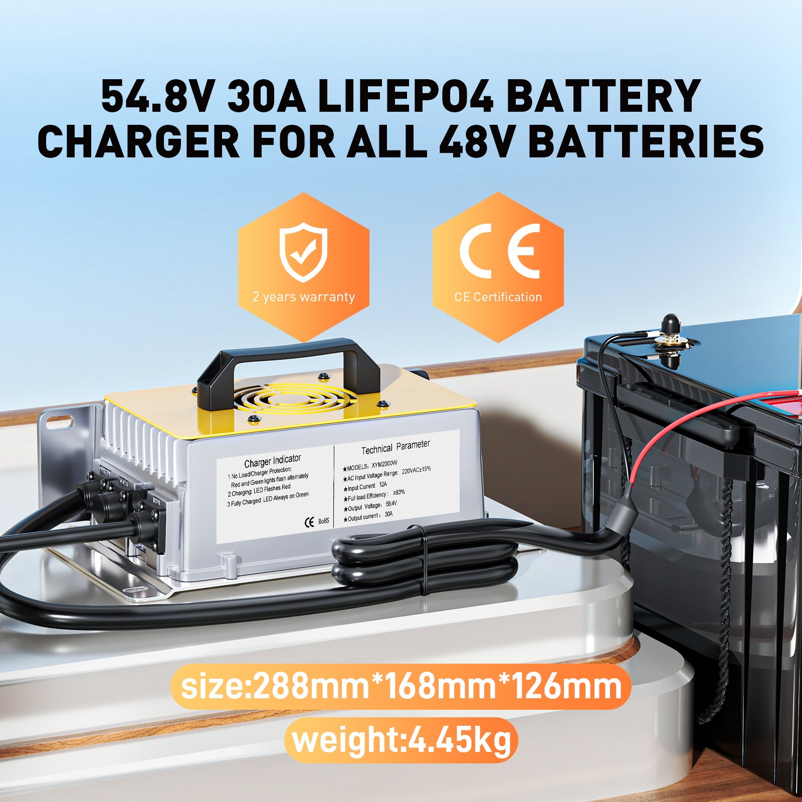 Novifevo 58.4V 30A LiFePO4 acculader voor 51.2V (48V) 16S Lithiumbatterijen, 0V-activering, 90% efficiëntie, volledige bescherming