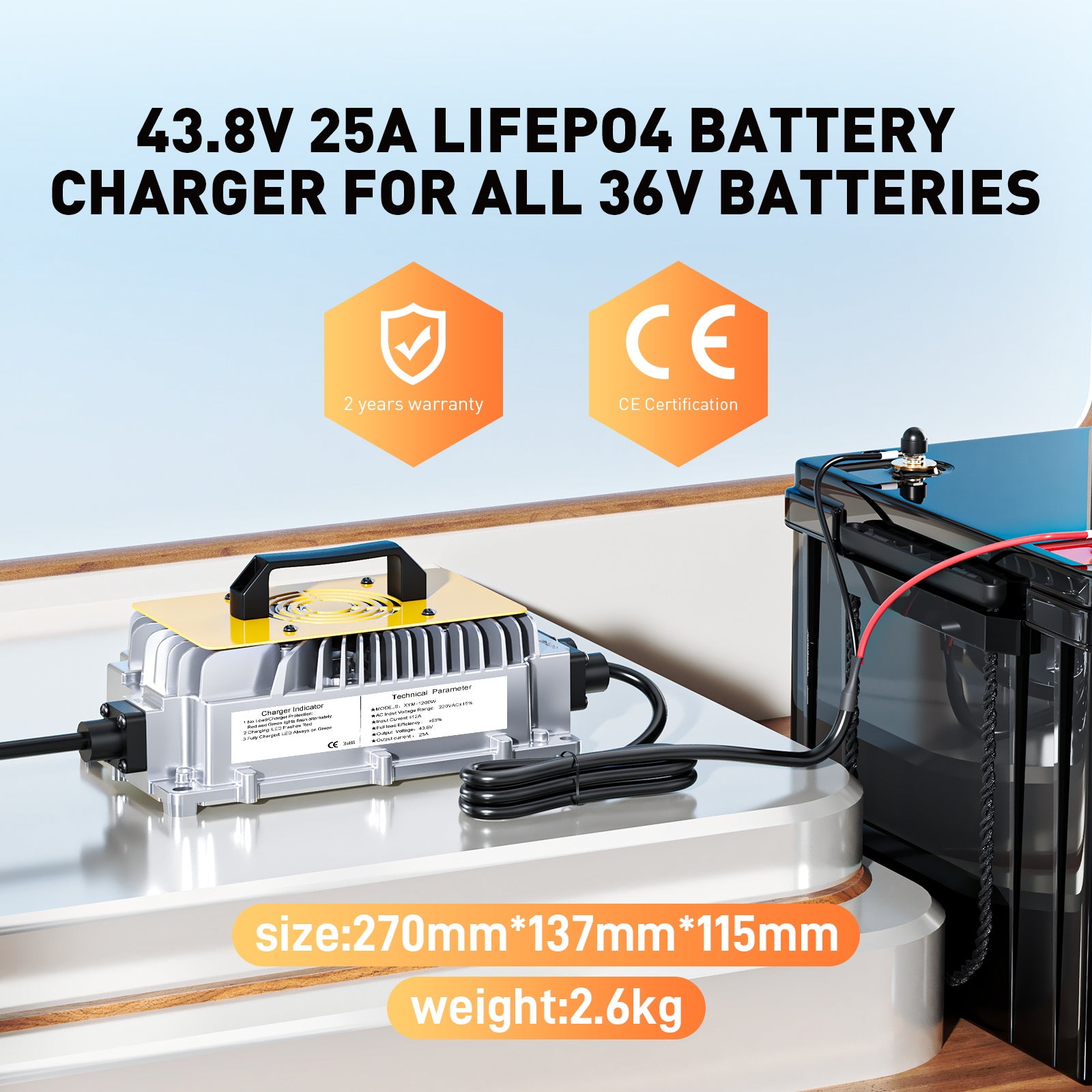 Suraziki 43.8V 25A Charger for 36V 38.4V LiFePO4 Batteries – 0V BMS Activation, Auto Shut-Off, Waterproof Aluminum Housing, Cooling Fan