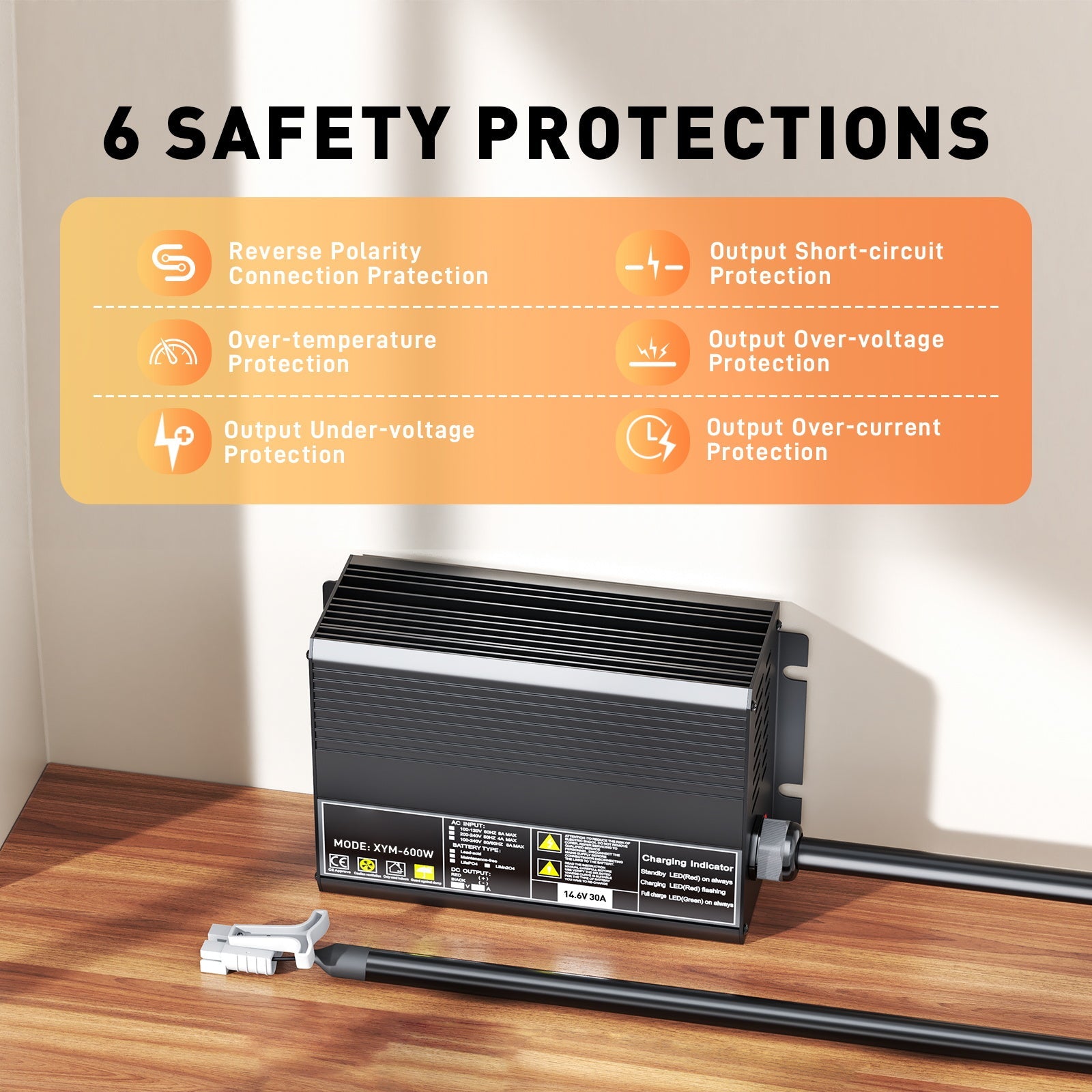 12V 30A LiFePO4-acculader, laadspanning 14,6V, 0V BMS-activering, automatisch uitschakelen, met Anderson 50A snellaadconnector