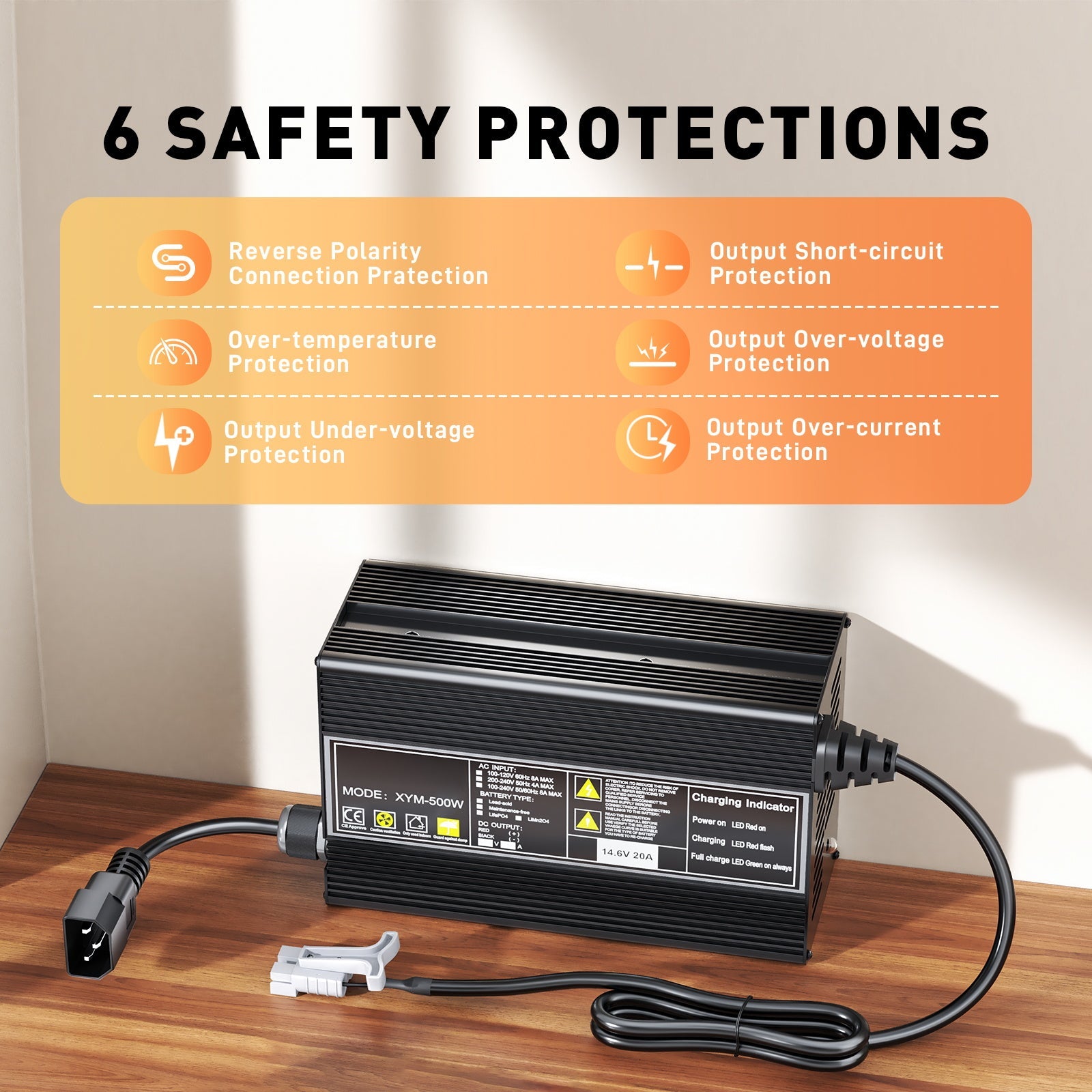 12V 20A LiFePO4 acculader, laadspanning 14,6V, 0V BMS-activering, met Anderson 50A snellaadconnector
